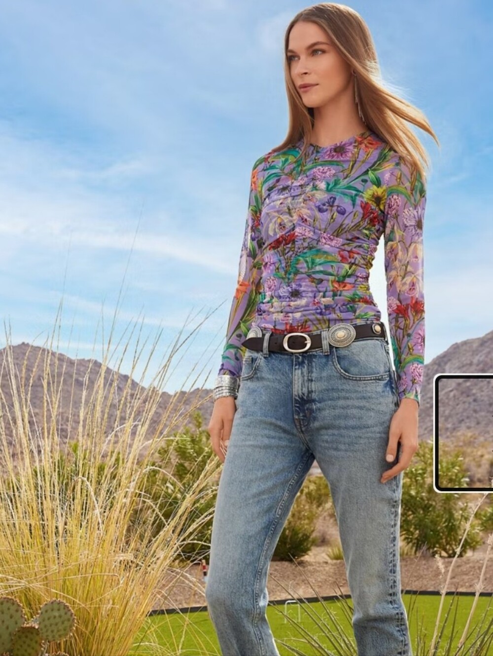 Johnny Was Multicolor Purple Floral Long-Sleeve Tee Mesh
